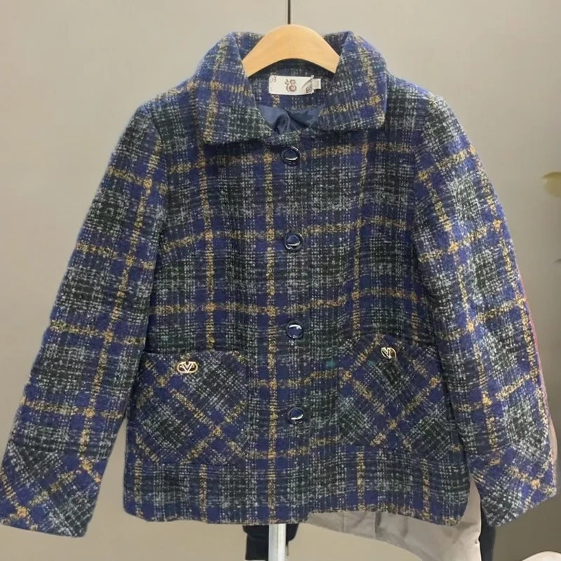930-时尚中老年女装格纹蓝色外套格子