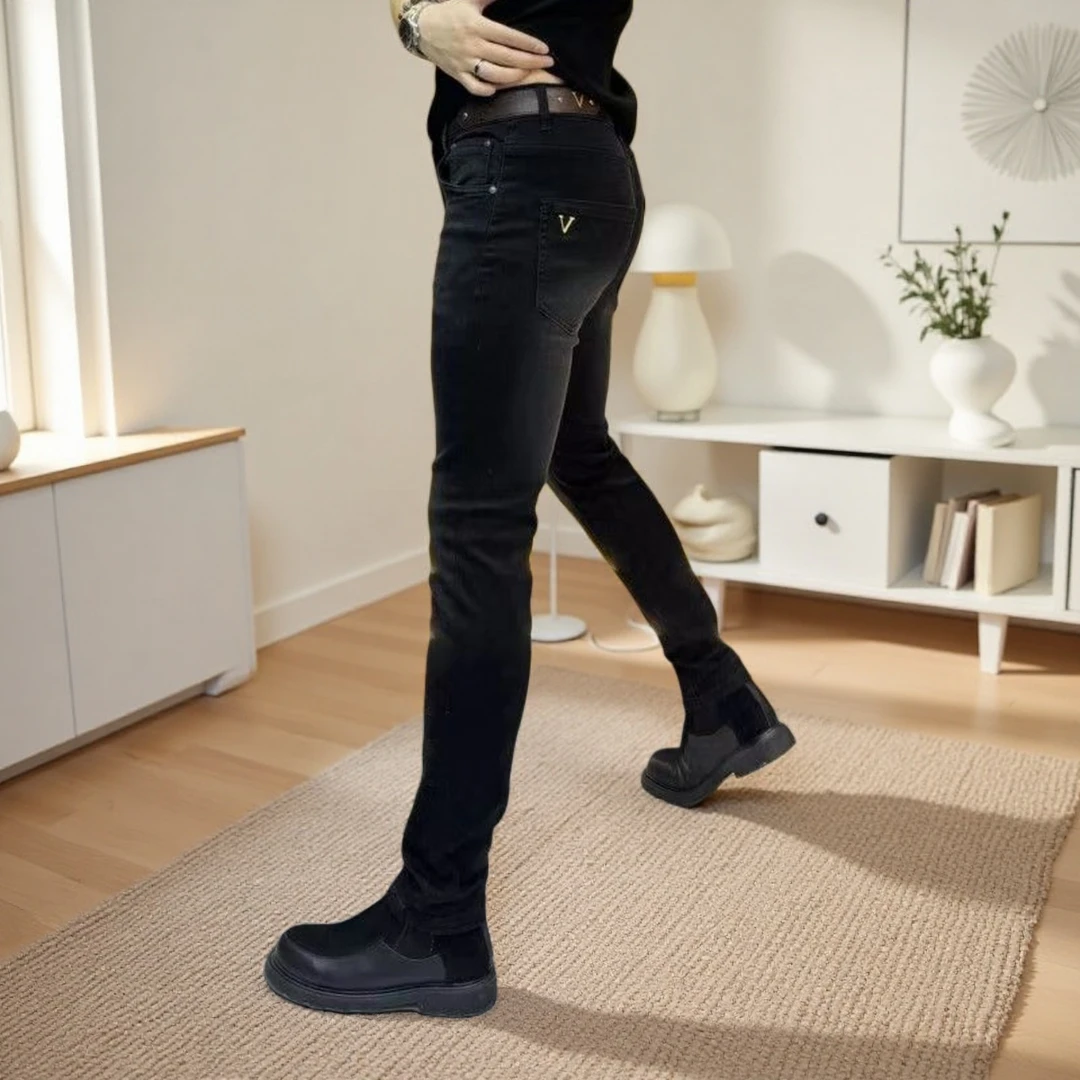 秋冬男士酷飒腰带牛仔裤修身直筒时尚百搭厚款保暖ins直脚牛仔裤