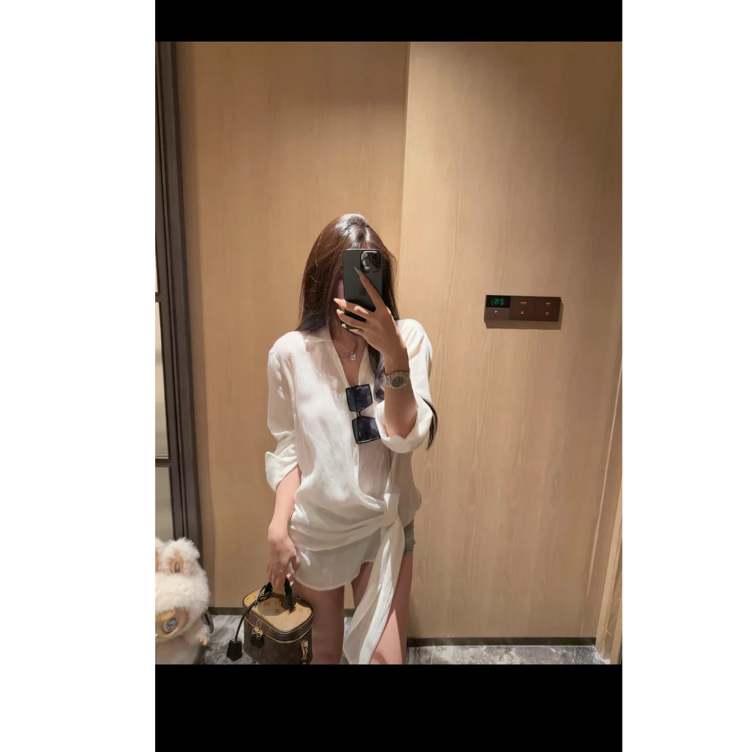 防晒衬衫女夏季2025新款设计感气质衬衣慵懒风宽松收腰显瘦短裤子