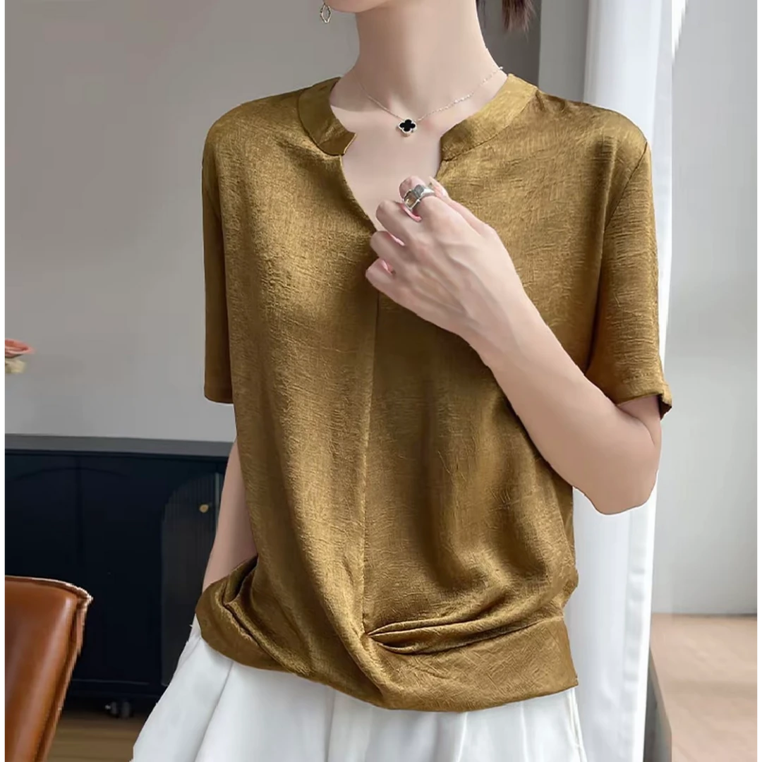 100%醋酸鸡心领气质百搭短袖女式小衫25DAK0822