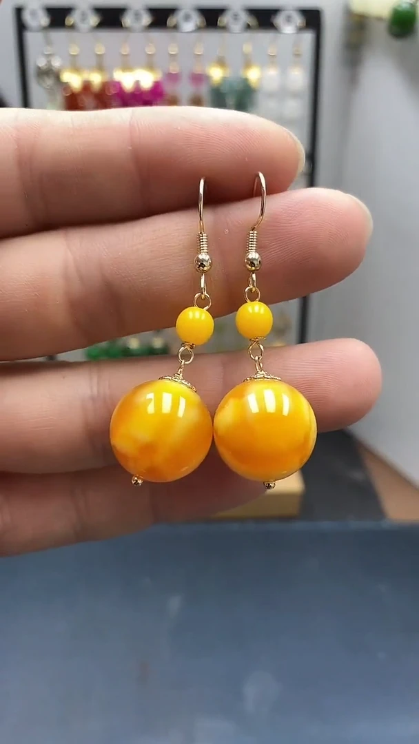 蜜蜡银S925镀金镶嵌耳饰尺寸16mm连珠F1