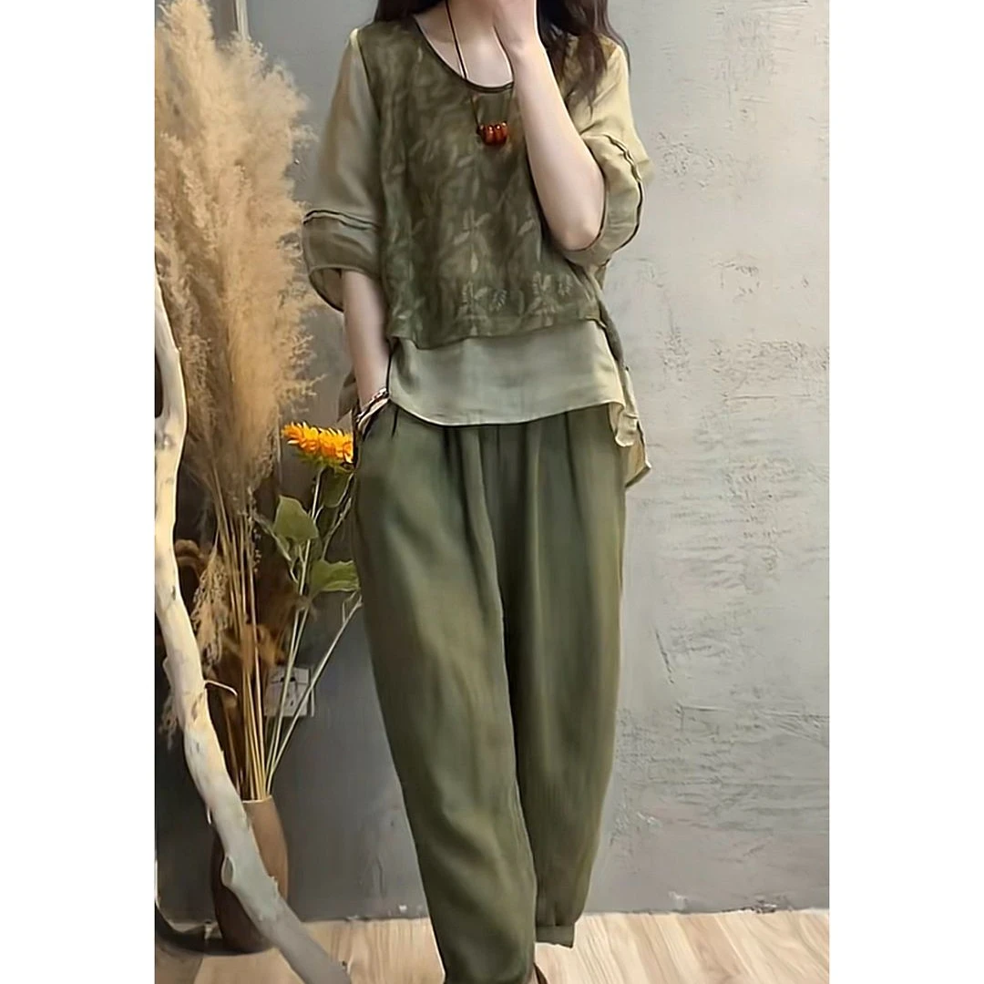 2025时尚套装女夏季新款印花拼接假两件上衣哈伦裤显瘦两件套休闲