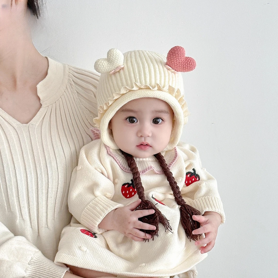 婴儿帽子秋冬款超萌爱心耳针织辫子帽冬天女童宝宝保暖护耳毛线帽