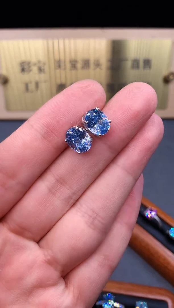 海蓝宝石耳钉银S925镶嵌1651