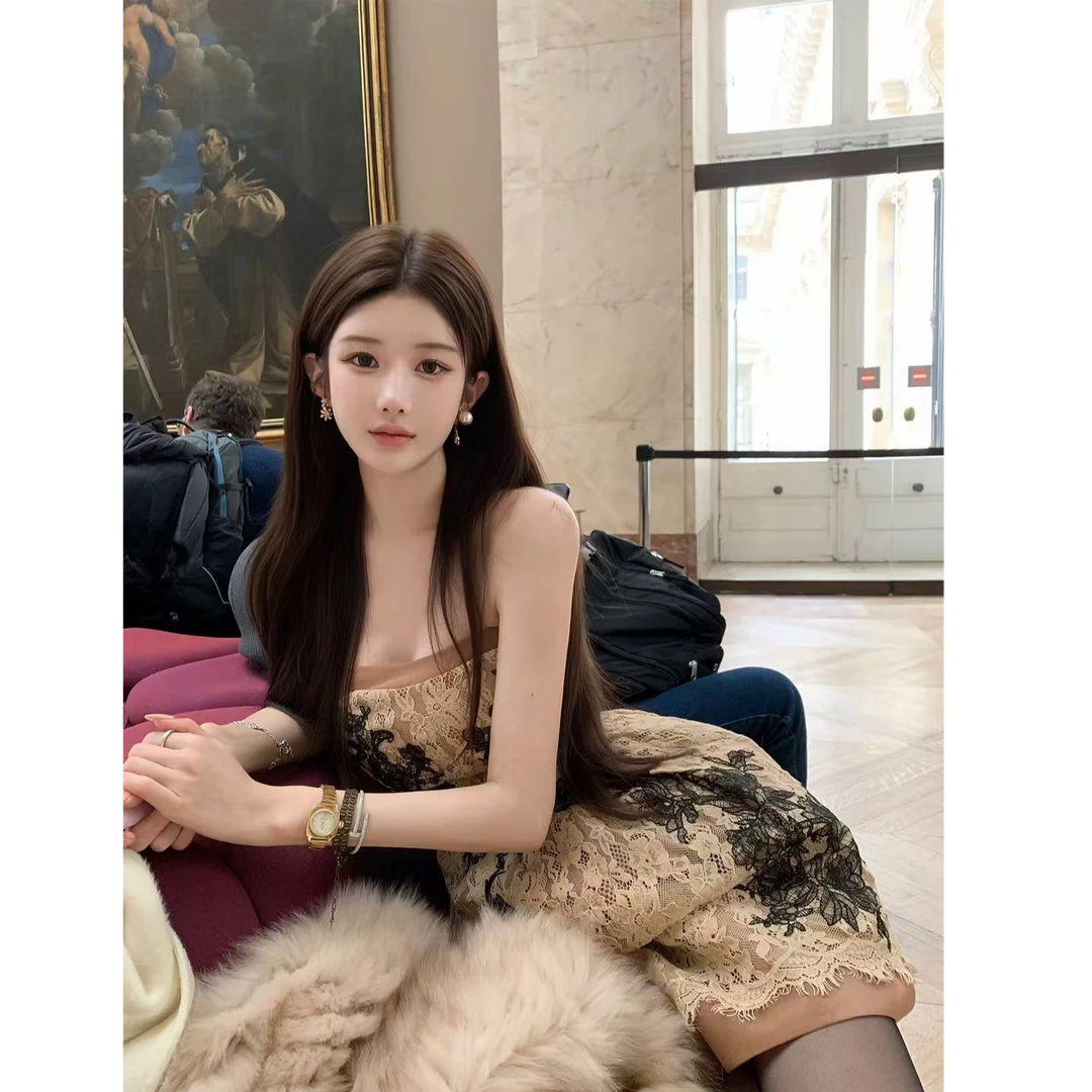 【午夜会女主角】法式温柔复古浪漫蕾丝收腰抹胸连衣裙女显瘦短裙