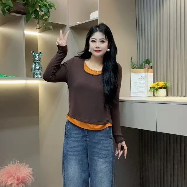 秋季打底衫-千 25770显瘦百搭假两件糖果色拼接胖MM大码女装新款