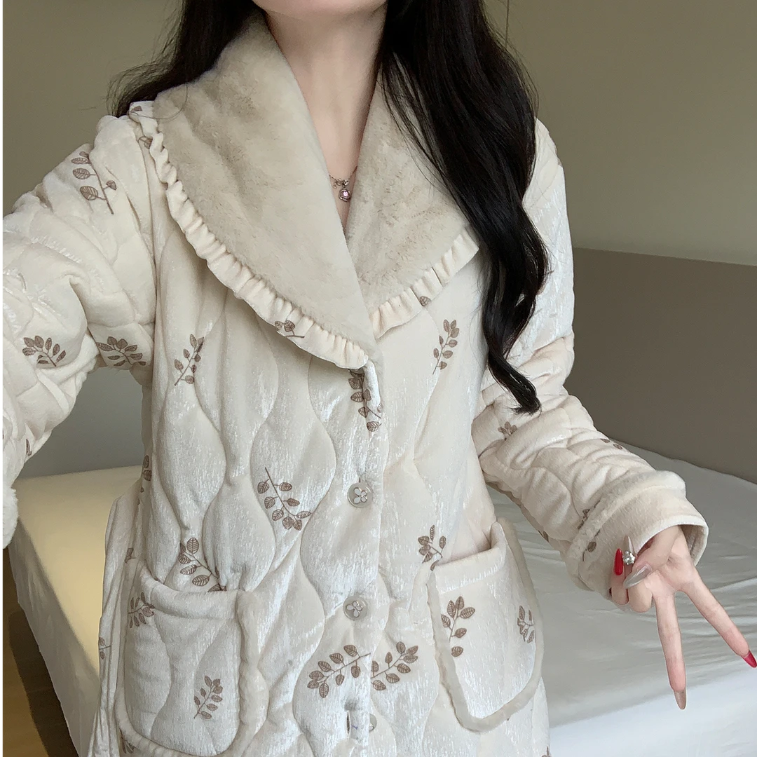 Meng luan/梦鸾三层夹棉睡衣女秋冬款加厚加绒珊瑚绒法兰绒家居服