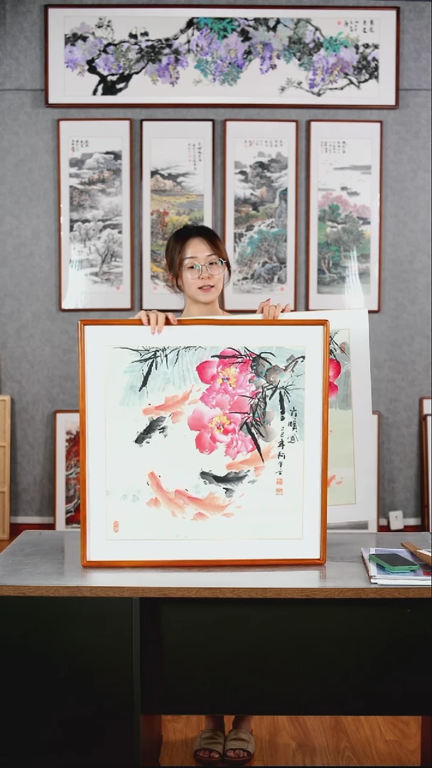 国画阿里丁《六顺图》手绘含框62*62厘米