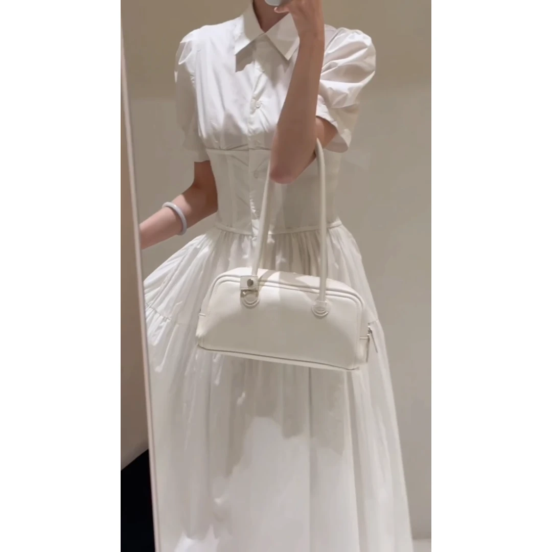 INS CEC甜美设计感衬衣裙2025新款浪漫纯色过膝收腰短袖连衣裙