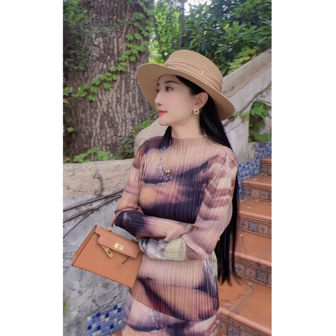 【D.Deng定制】三宅褶皱抽象艺术感油画套装2025夏季欧美范高级气质