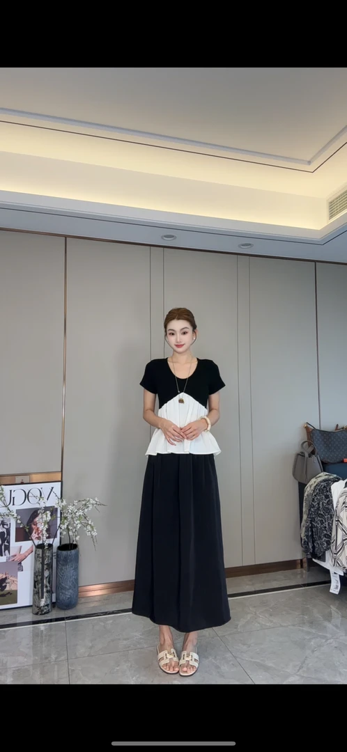 2025夏季新款休闲拼接上衣女装法式连衣裙宽松半身裙松紧腰两件套