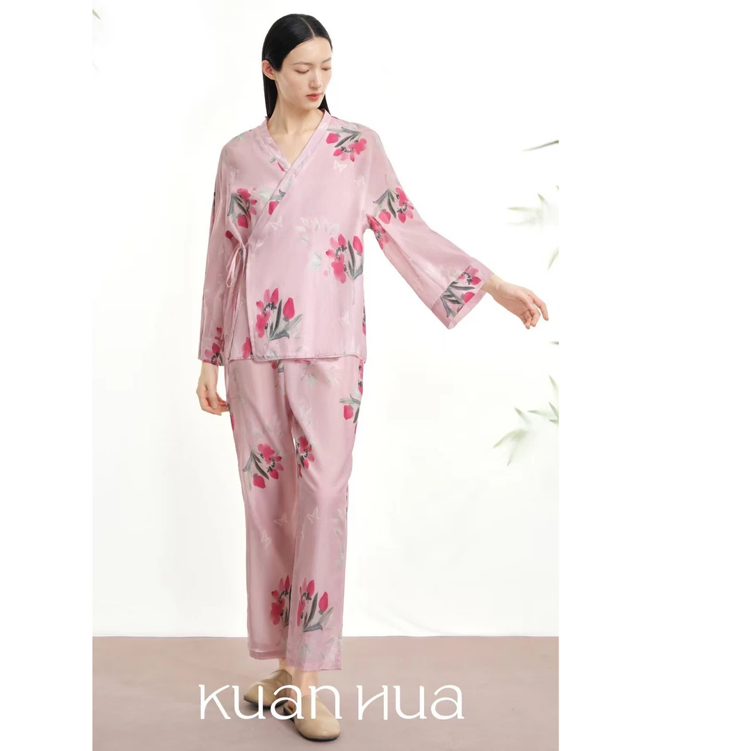 宽画优雅-水墨花韵系列90226长袖春秋睡衣粉色印花套装秋季家居服