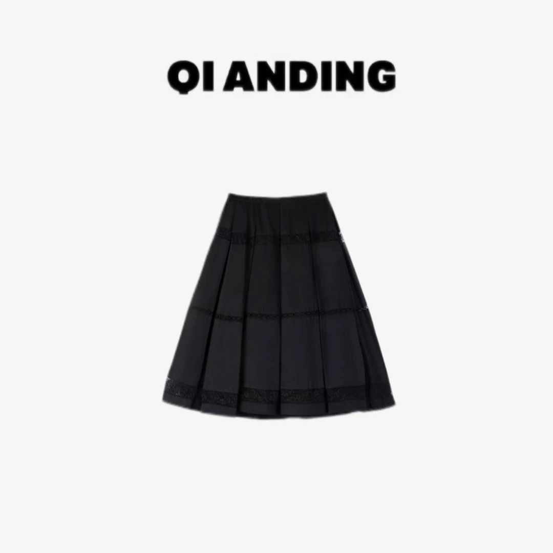 【QIANDING】25新款法式复古高级感松紧腰A字半身裙25736