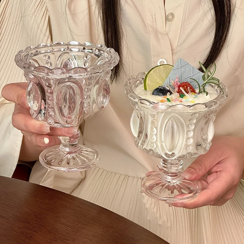 浮雕高脚雪糕杯 玻璃甜品杯冰淇淋酸奶杯布丁慕斯杯高颜值ins玻璃