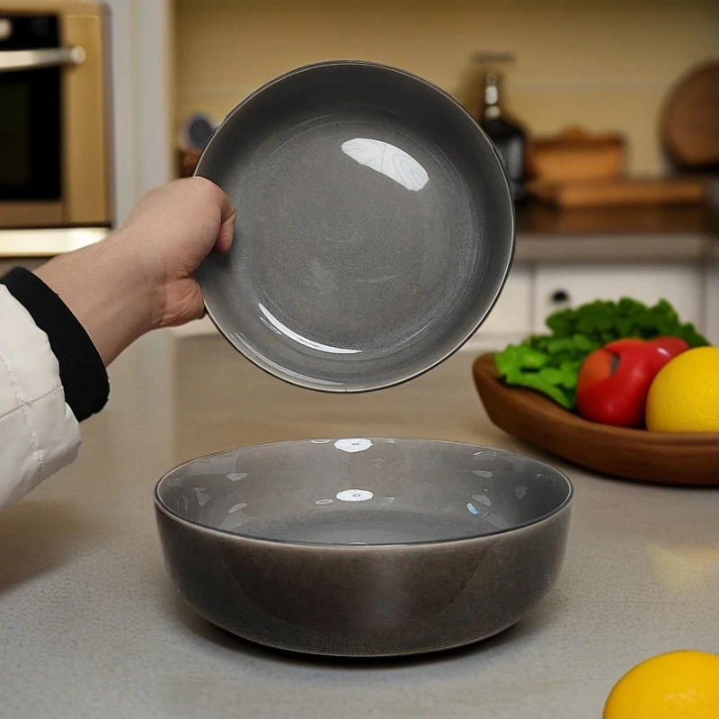 窑变釉家用陶瓷深盘釉下彩8寸高级亮面浅灰加深加厚汤盘盘子360