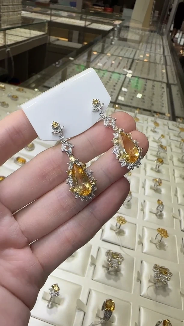 黄晶耳饰银S925镶嵌8*14mm耳坠