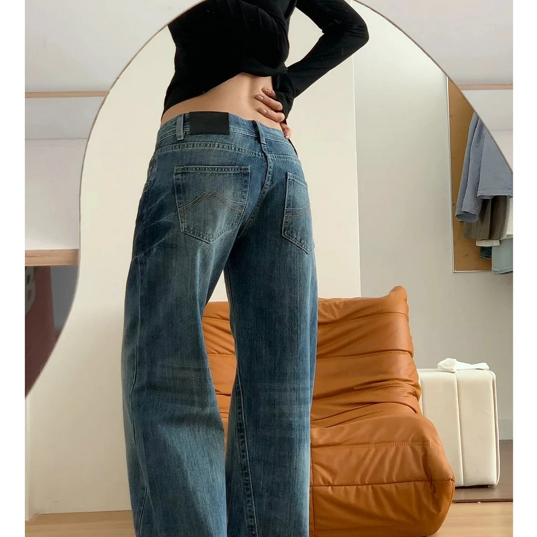 秋冬新款低腰水洗蓝复古牛仔裤女美式高街宽松直筒拖地裤设计感