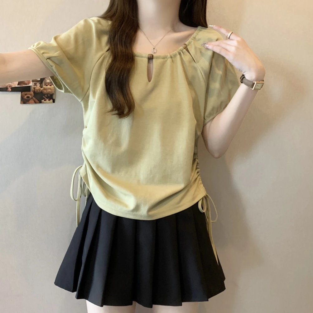 大码设计感串珠抽绳短袖T恤女夏季新款胖MM宽松显瘦百搭洋气上衣