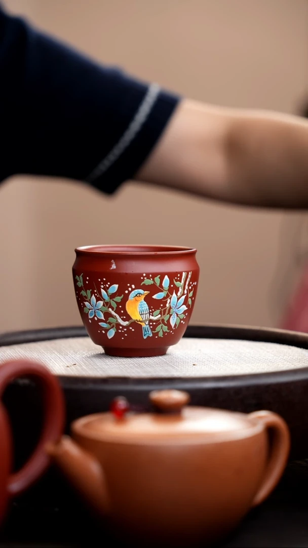 茶壶紫砂朱泥斗笠杯泥绘