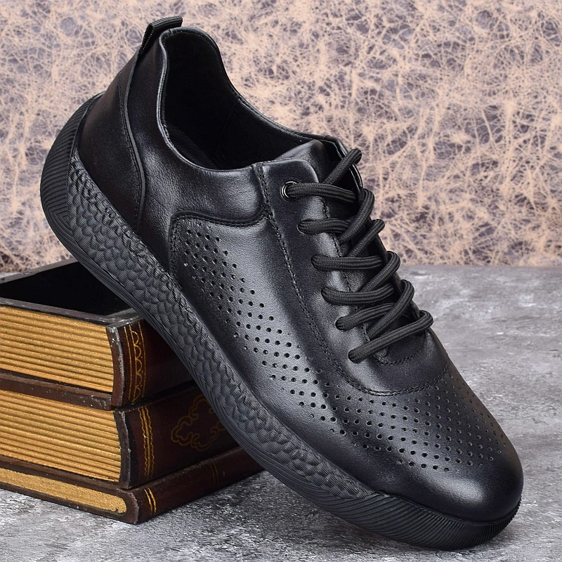 真皮镂空男鞋夏季透气百搭运动鞋厚底打孔休闲皮鞋低帮软底跑步鞋