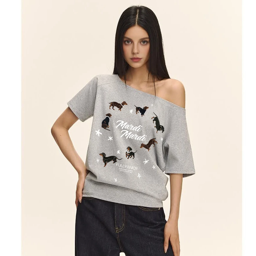 Mardi 杜宾狗字母印花T恤宽松夏季时尚一字肩百搭