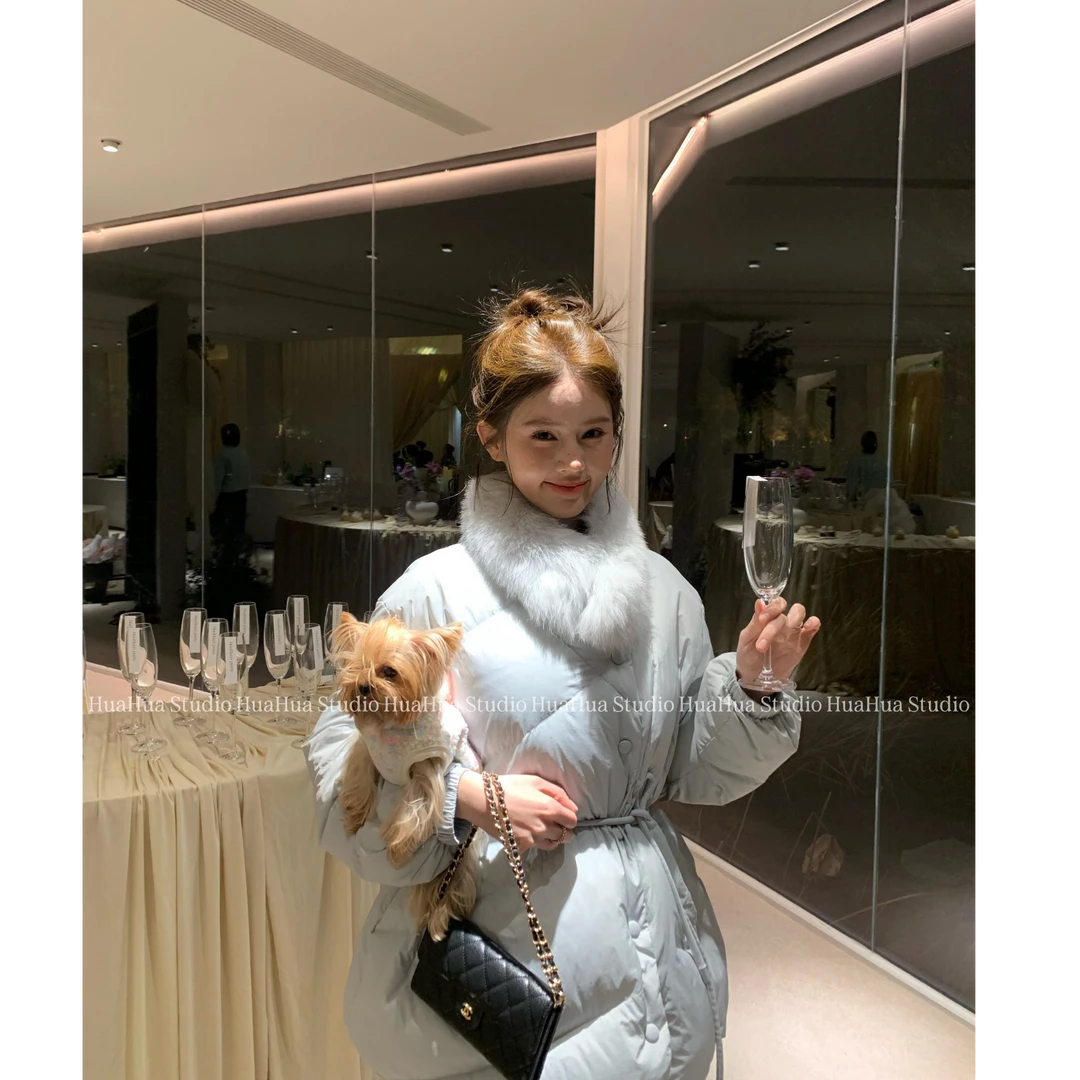 【花花】北欧梦境~韩系气质配色收腰羽绒服配可拆卸真狐狸毛毛领