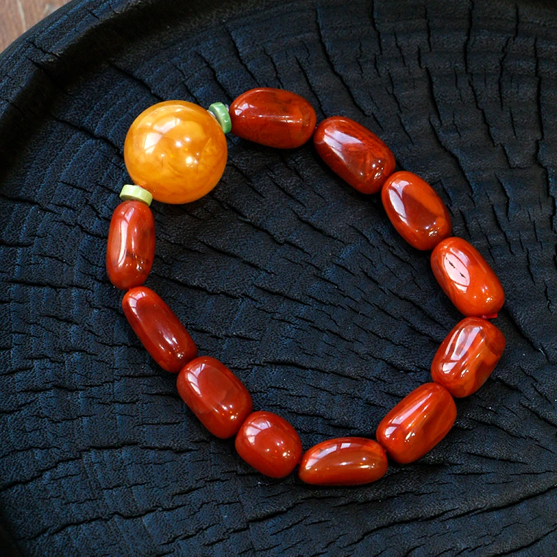 南红随型火焰纹配蜜蜡单圈手圈精美