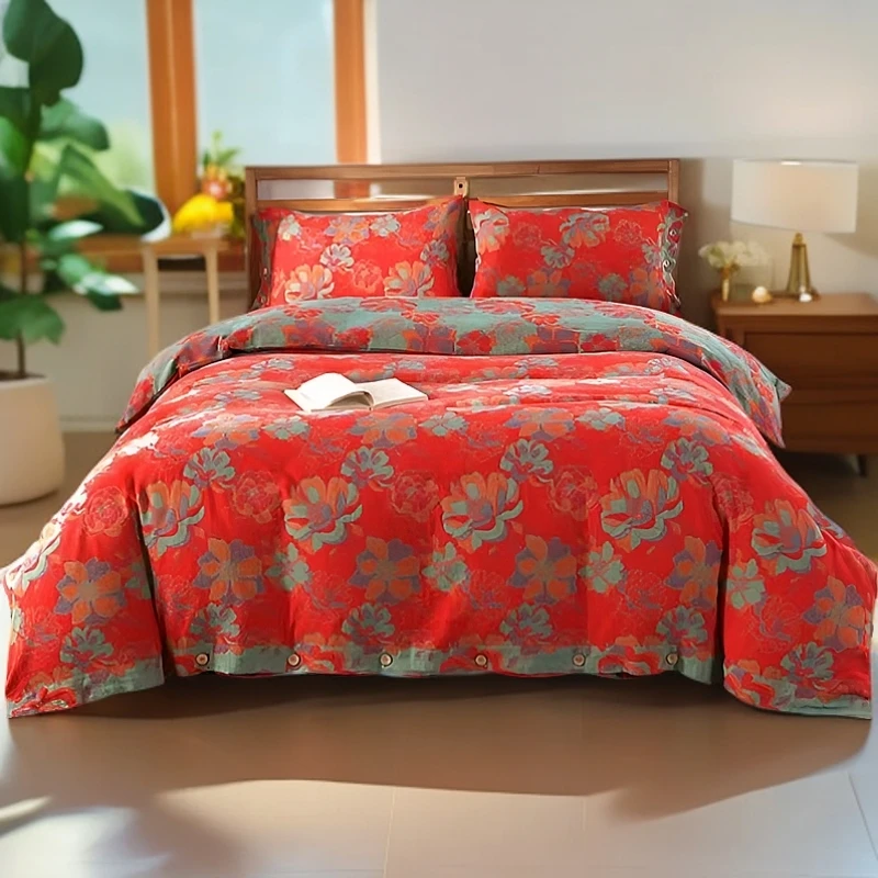 轻奢复古印花欧式双层纱双纱加厚磨毛四件套--风华绝代红【标准】