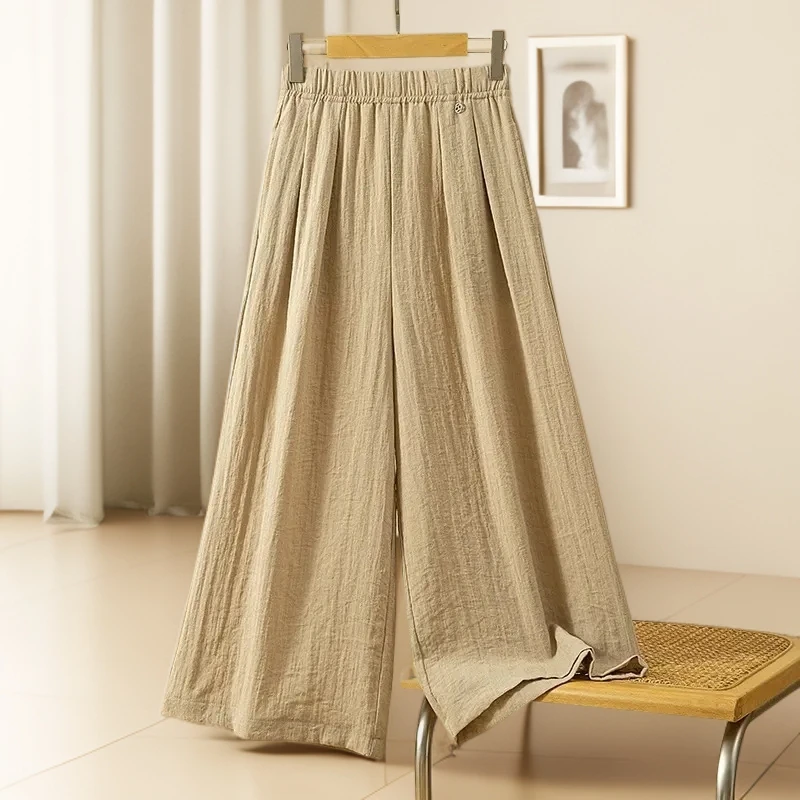 高端黄色棉麻直筒裤女夏薄款2025新款八分亚麻甩裤九分裙裤阔腿裤