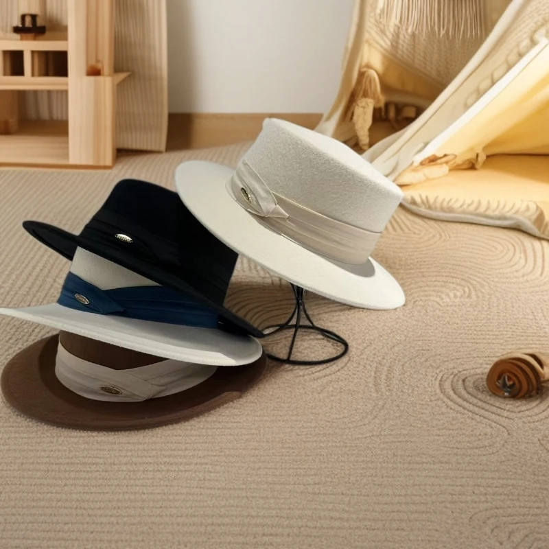 法式平顶秋冬帽子经典白色时尚百搭礼帽毛呢帽女士新款显脸小秋冬