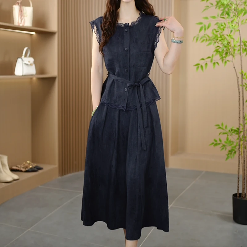 洋气今年流行高级感两件套裙子女2025夏季新款系带显瘦半身裙套装