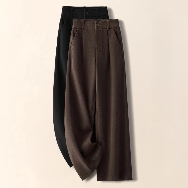 高端咖色毛呢阔腿裤女秋冬2025新款高腰小个子九分休闲加厚直筒裤