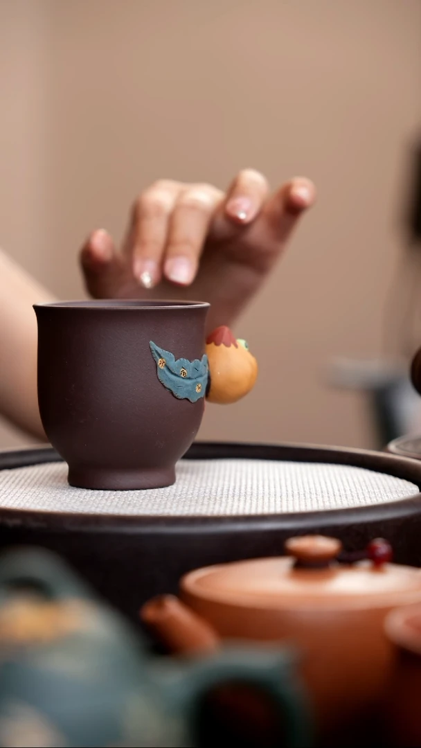茶壶紫砂紫泥寿桃主人杯
