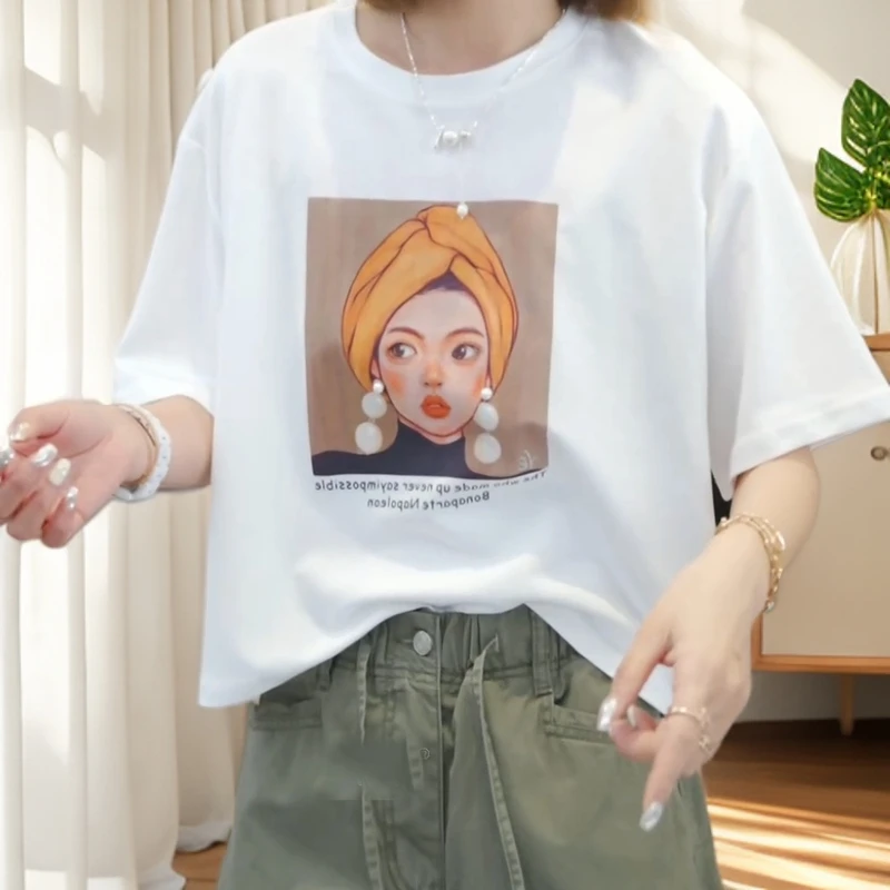 【珍珠少女】2025夏季新款时尚休闲气质T恤宽松短袖上衣印花