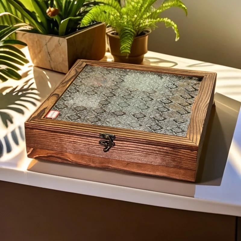 防尘9格复古实木储物文玩格子收纳盒格玻璃盖木木质创意中式1148