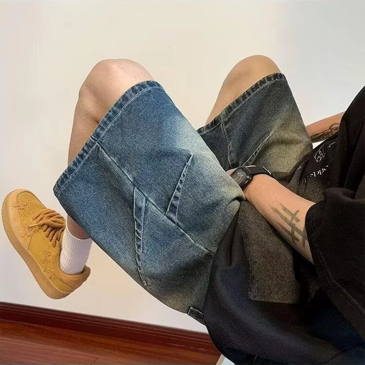 水洗牛仔短裤裤子男款美式复古潮流休闲裤夏季宽松潮牌直筒五分裤