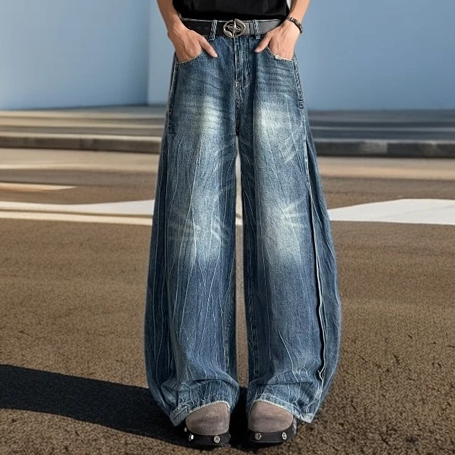 美式复古竹节纹水洗直筒牛仔裤男款夏装宽松阔腿垂感cleanfit裤子