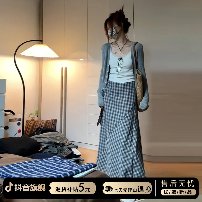 法式蓝格半身连衣裙子女款衣服2025新款高级设计感韩系氛围感穿搭