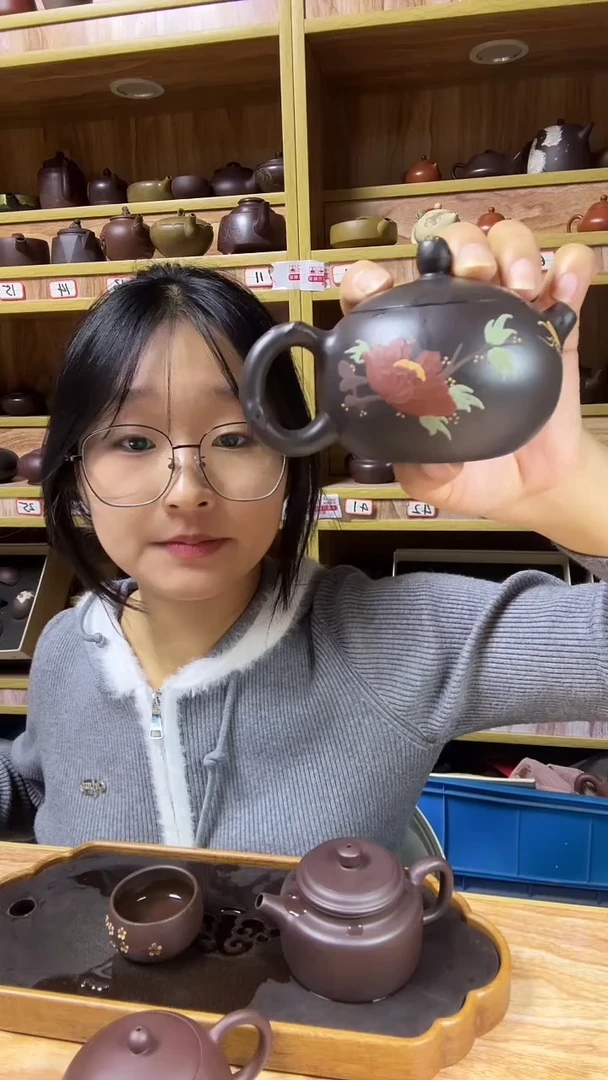 茶壶紫砂河**忧黑朱泥200cc左右泥绘