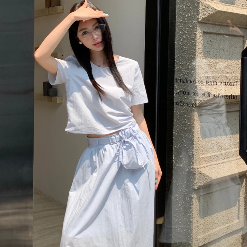 韩系简约风圆领短袖上衣显瘦半身裙套装夏季新款