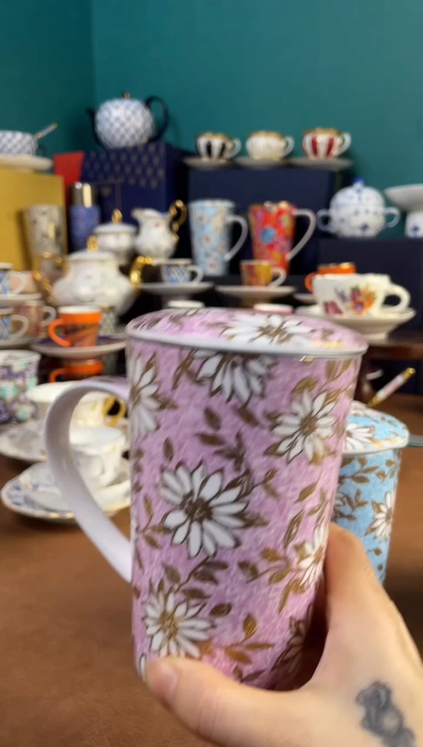 高端礼品（DN家）马克杯带盖茶漏粉色雏菊款-XY