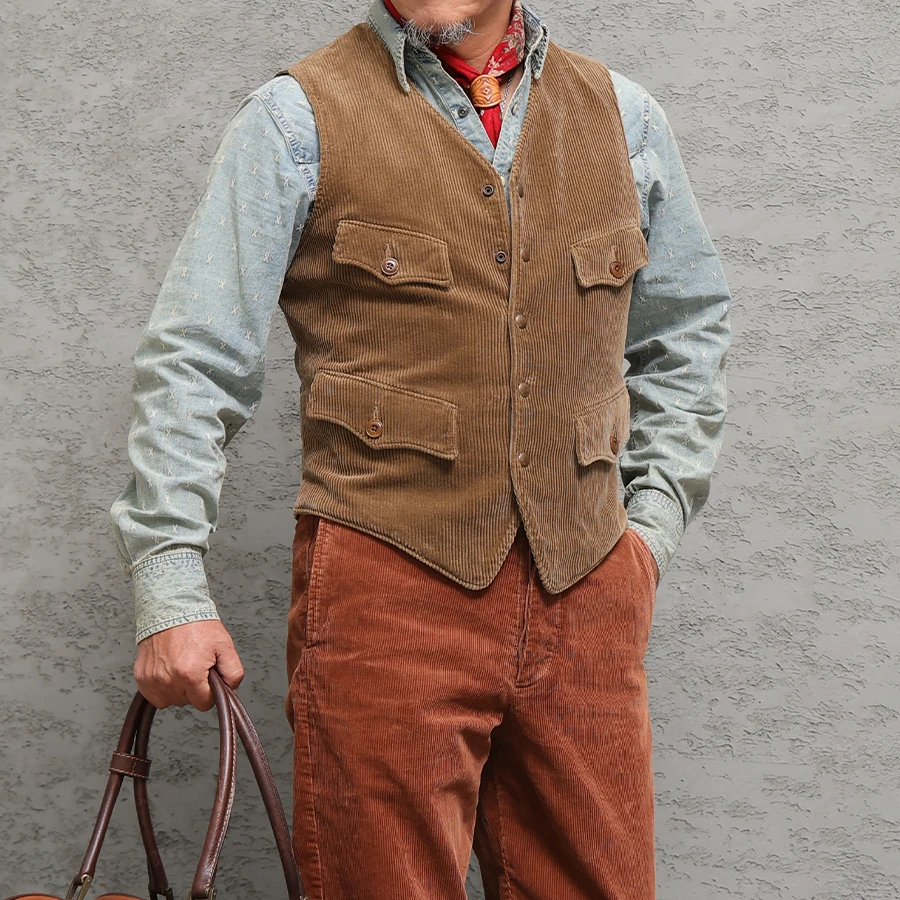 西里布V072美式复古工装马甲背心男阿美咔叽休闲灯芯绒马甲坎肩
