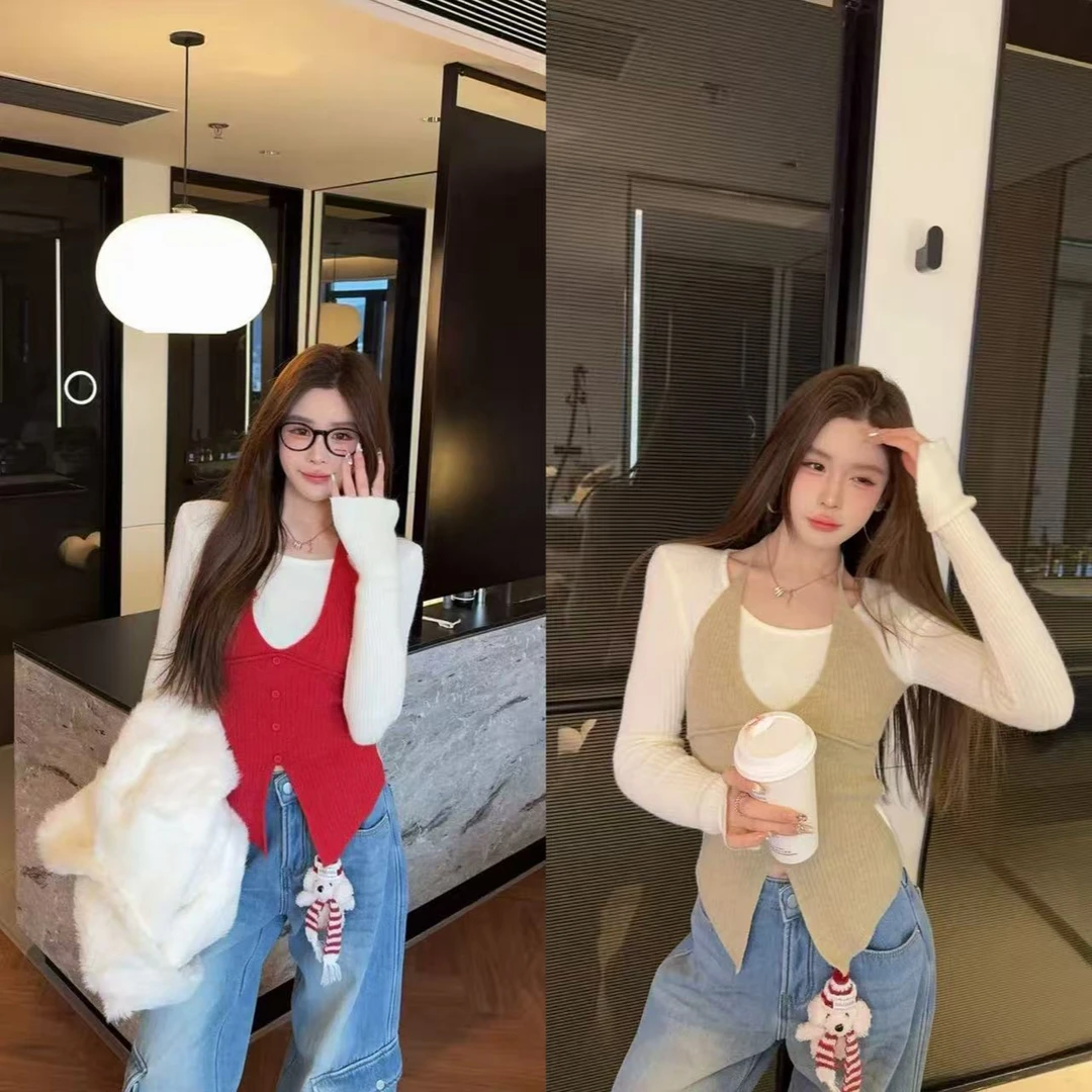 米娜家【珍妮小姐】泡菜订制奶茶色假两件针织