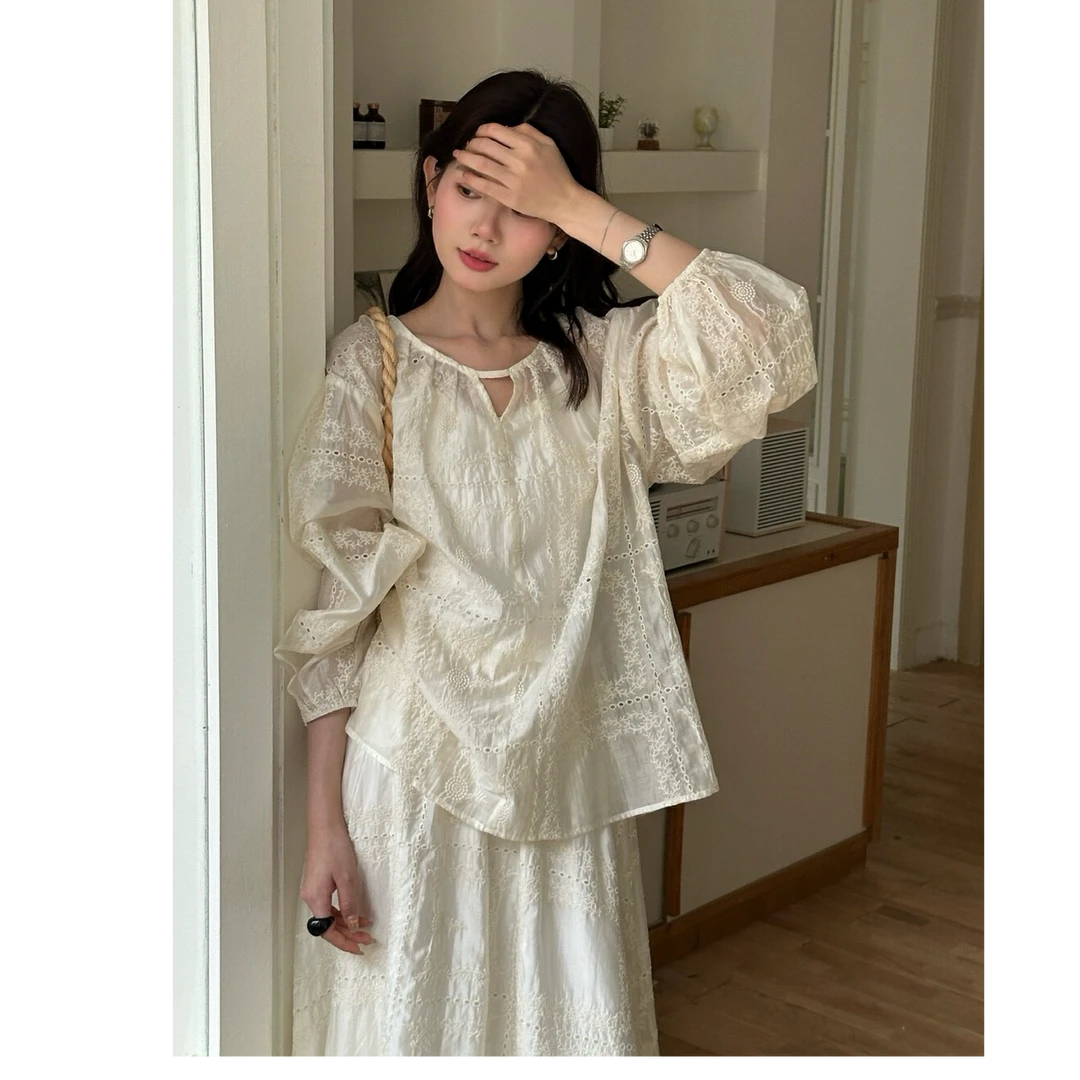 法式重工刺绣钩花镂空小衫上衣气质宽松半身裙