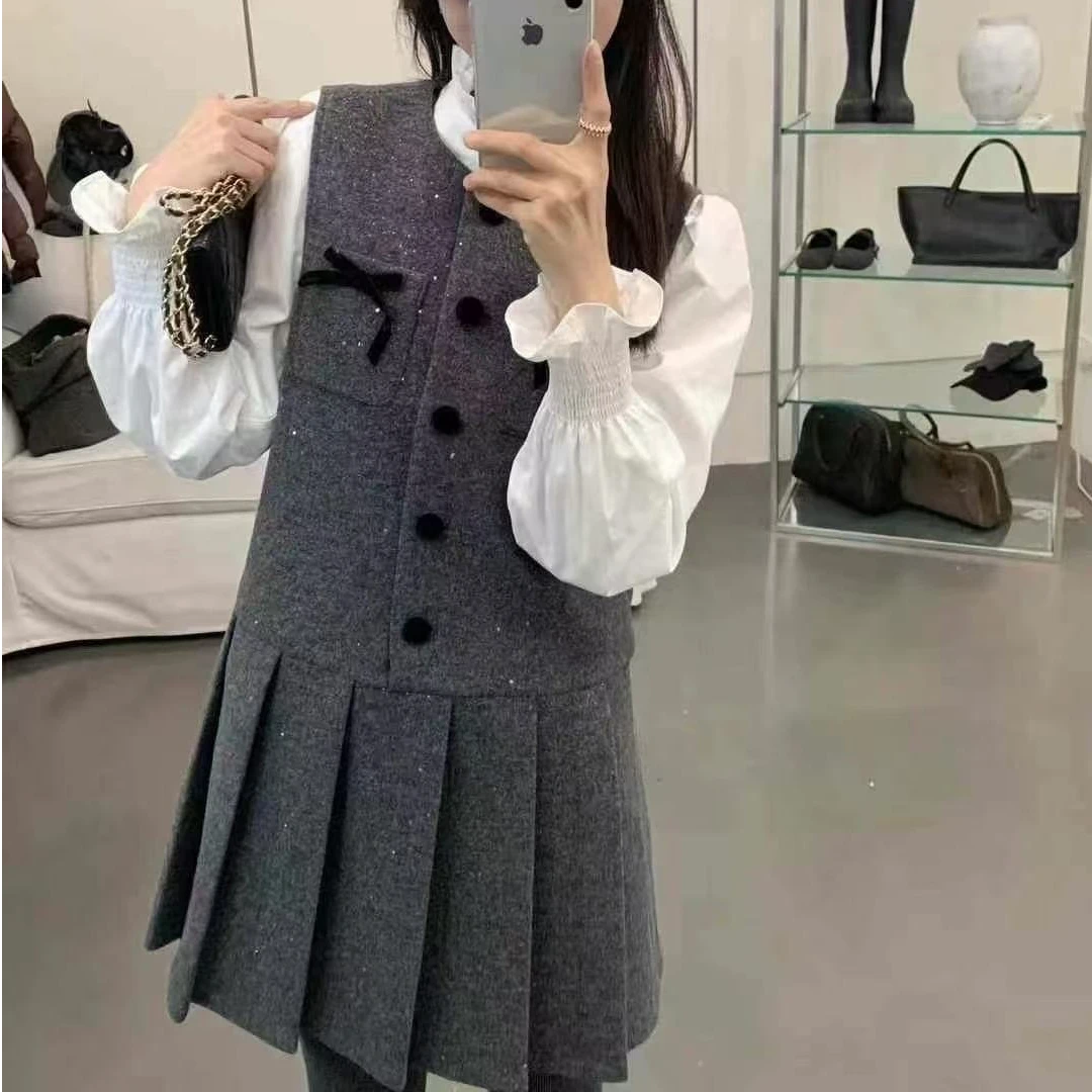 高级感气质小香风裙木耳花边显瘦衬衫两件套套装