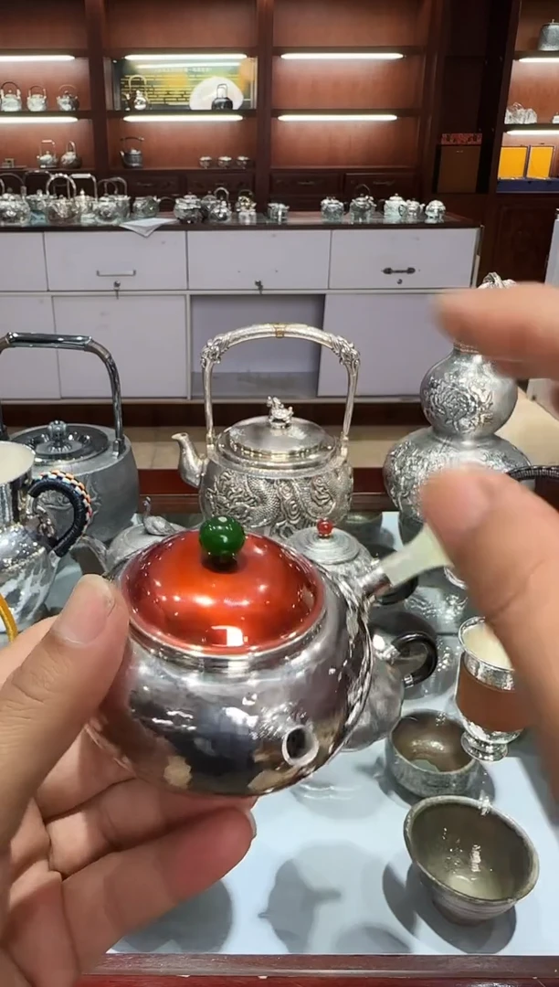 足银999精工手工锤纹玉把侧把铜包银盖子泡茶壶