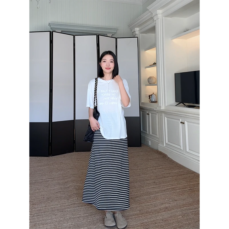 郭九九呢 天丝棉休闲百搭字母印花T恤百搭条纹半身裙 G925Y09355