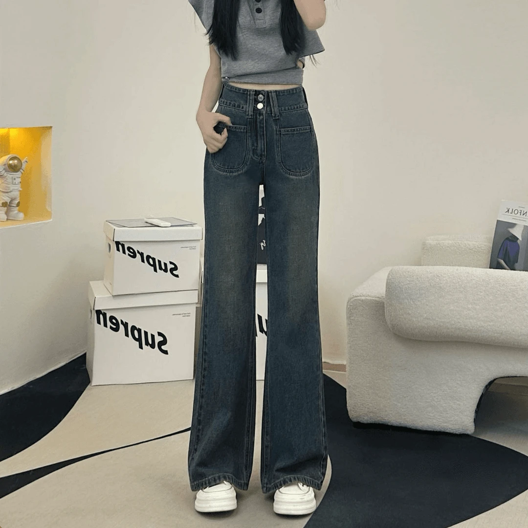 小个子2025春夏新款牛仔裤女显瘦爆款高腰不贴腿阔腿微喇直筒裤