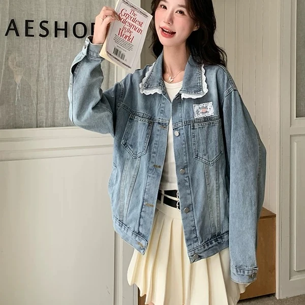 爆款洋气女拼接蕾丝新款外套经典牛仔外套水洗春季设计感百搭时尚