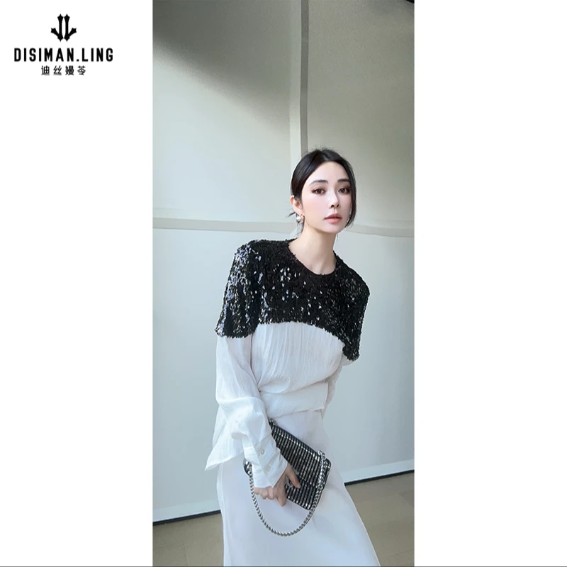 【迪丝嫚苓】白色上衣显瘦长袖时尚女士气质百搭圆领拼接原创优雅感